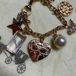 Coach Gold-Tone Charm Bracelet with Pearl, Crystal Baguette & Pave Heart